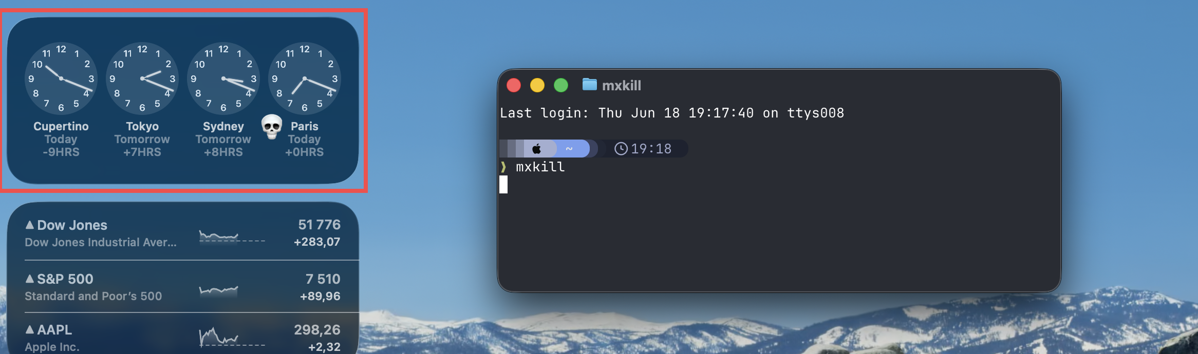 screenshot of the clocks widget on mac, with the terminal running mxkill