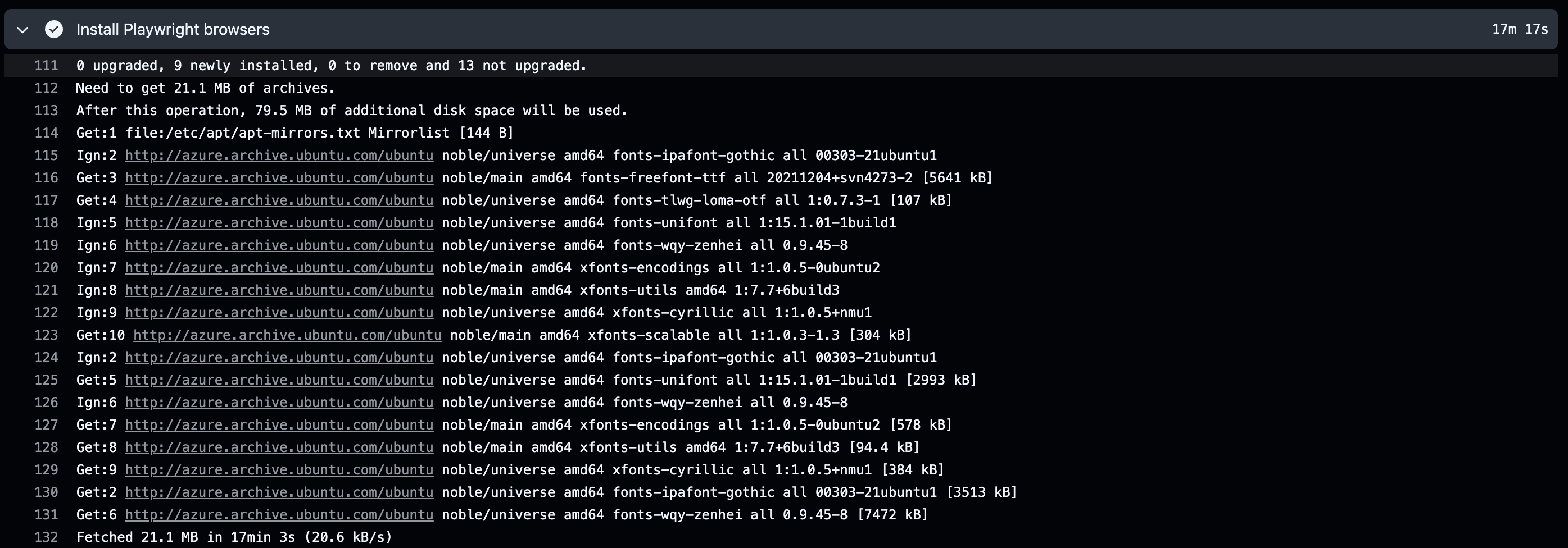 screenshot o the logs of github actions step, that shows fonts downloading very slowly